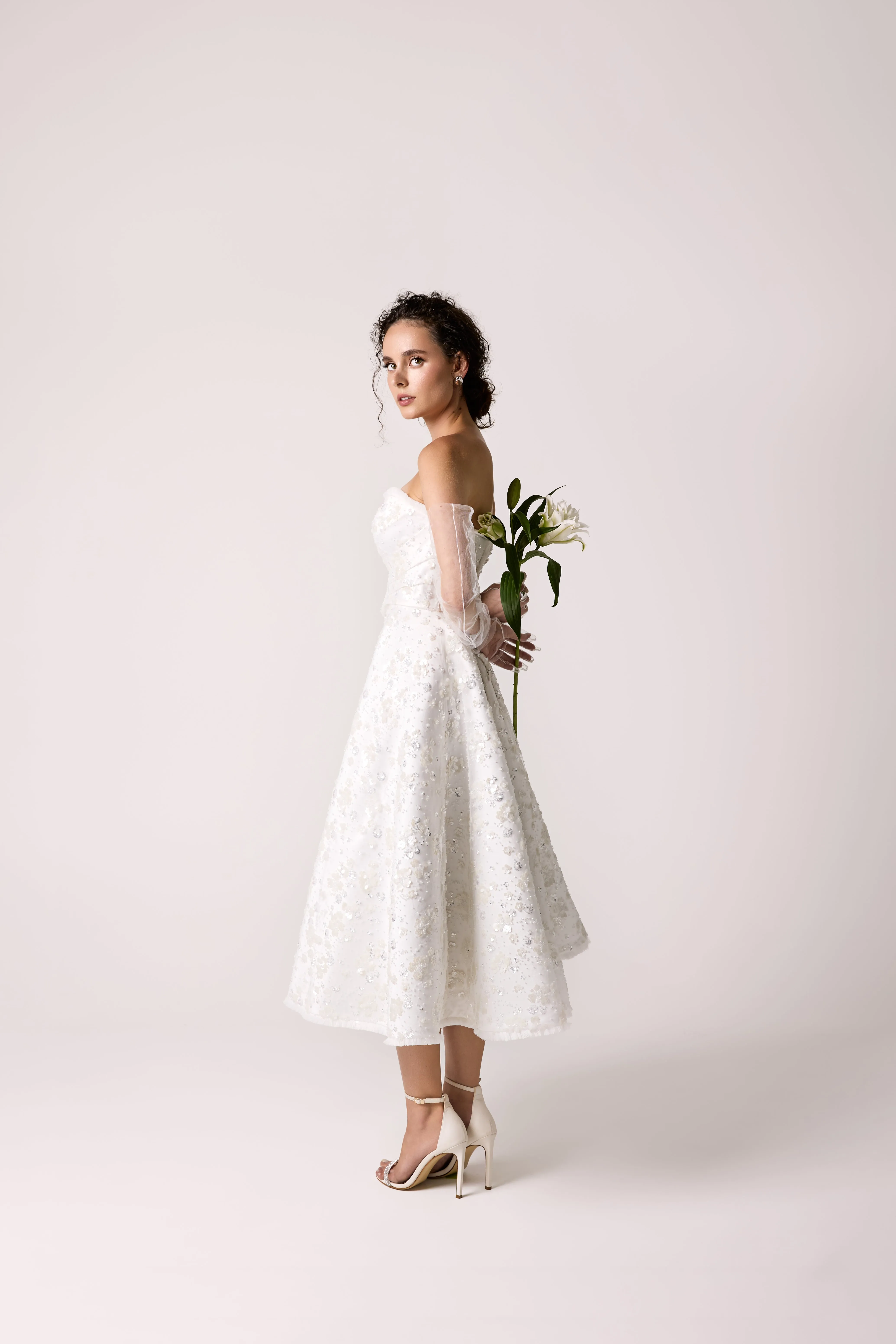 Chic Strapless Tea-Length A-Line Wedding Dress with Floral Embellishments