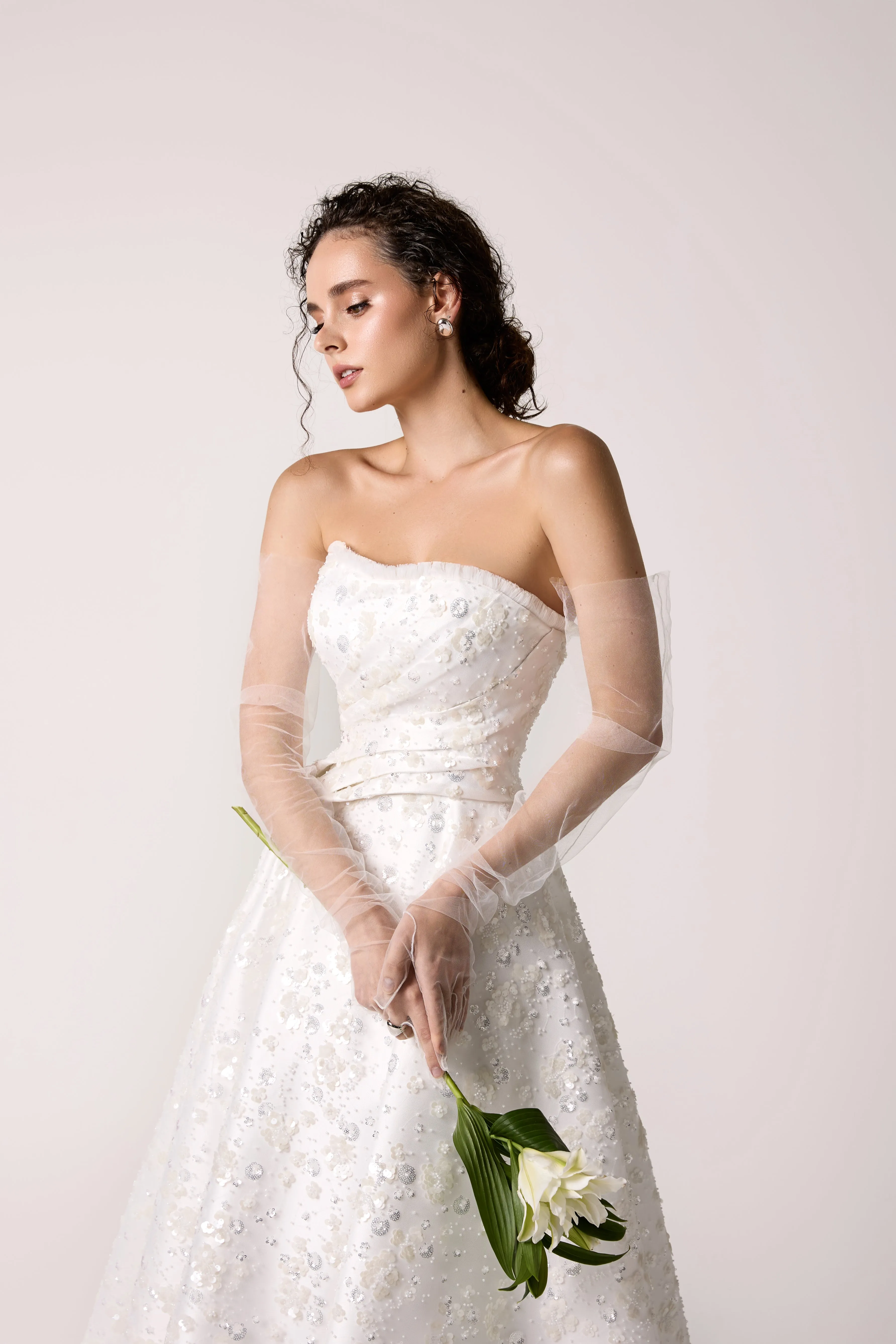 Chic Strapless Tea-Length A-Line Wedding Dress with Floral Embellishments