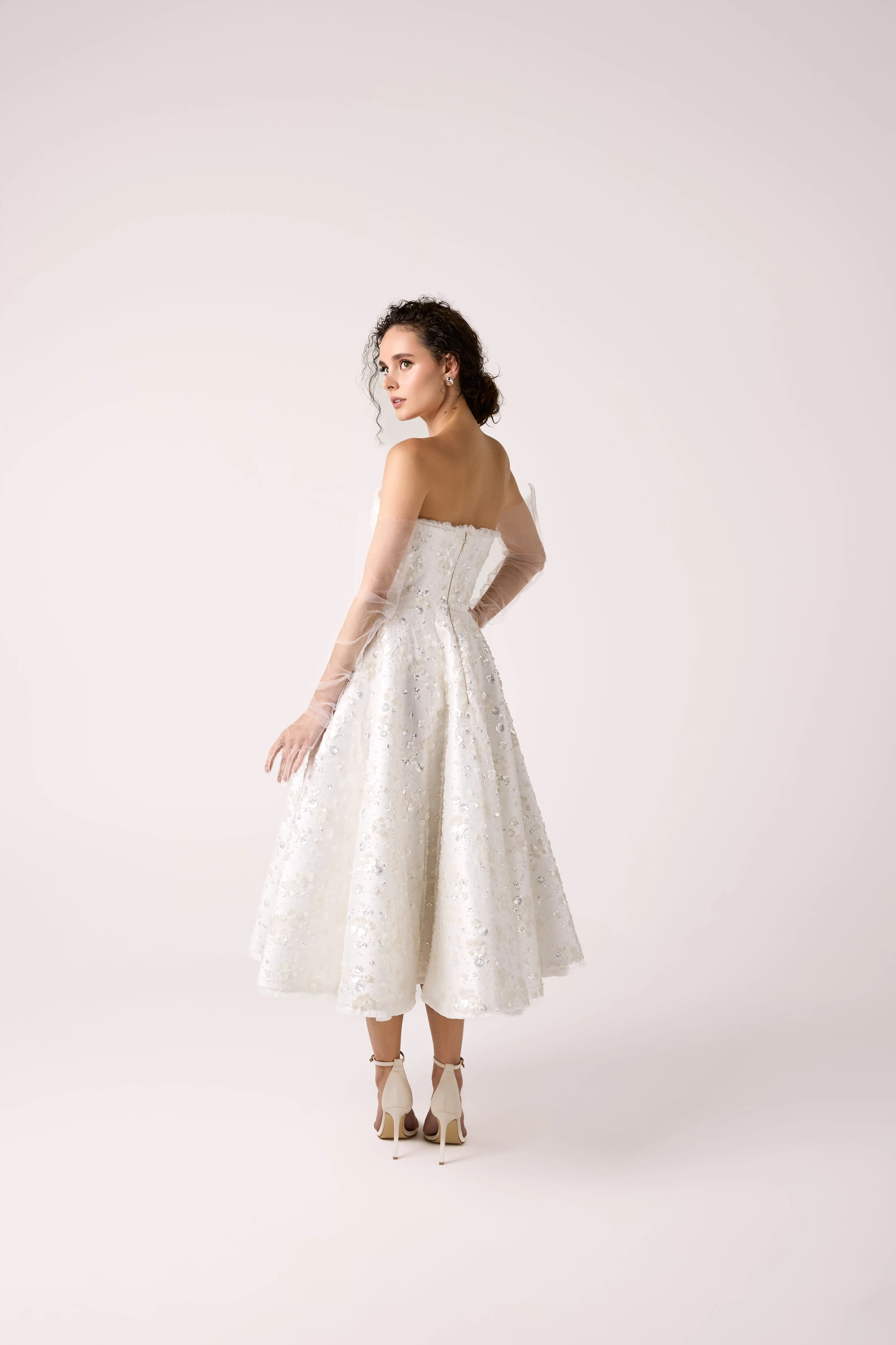 Chic Strapless Tea-Length A-Line Wedding Dress with Floral Embellishments