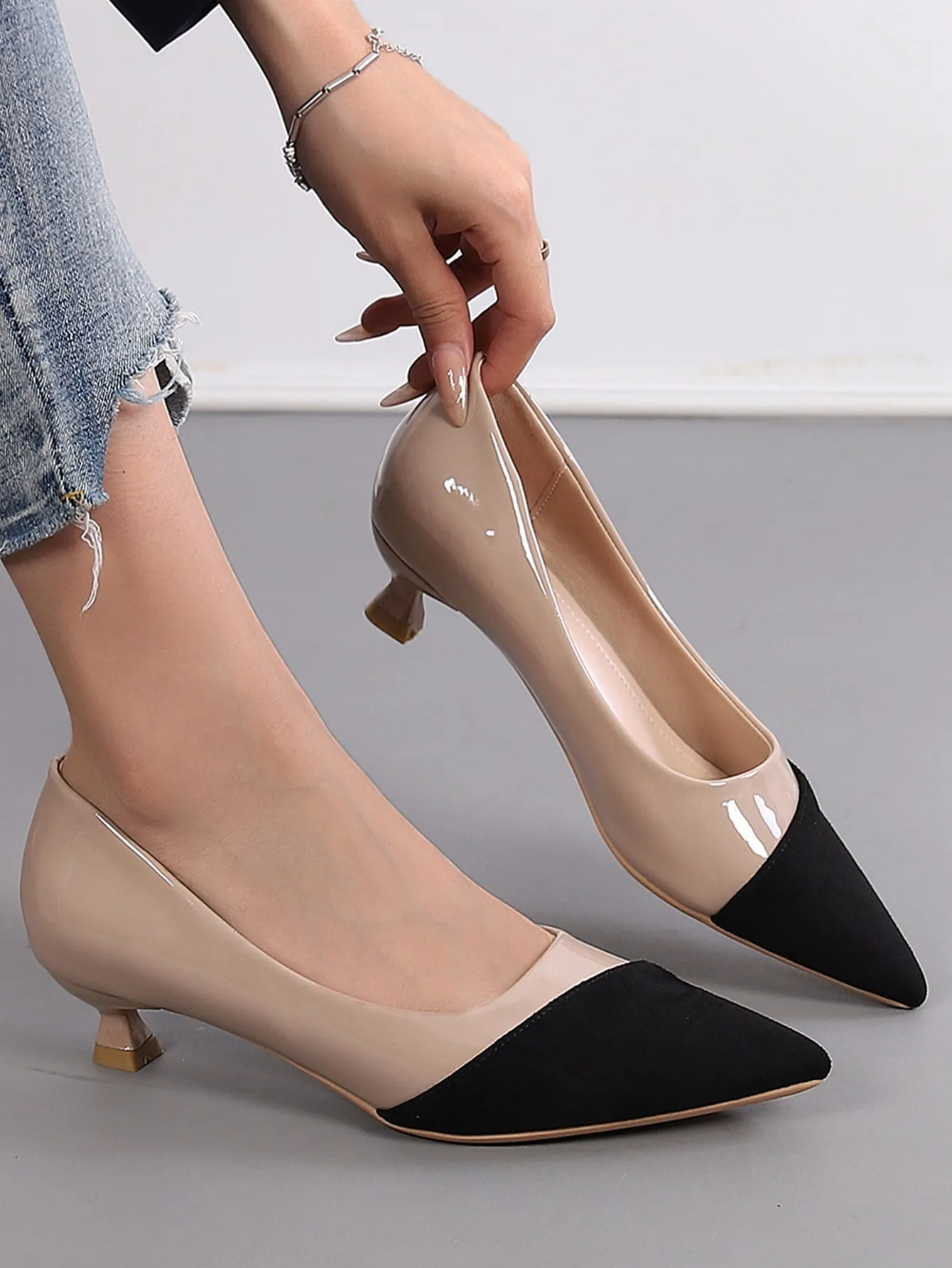 SHEIN Two Tone Point Toe Heeled Court Pumps, Multicolor Elegant Color Blocking Women's High Heel Single Shoes