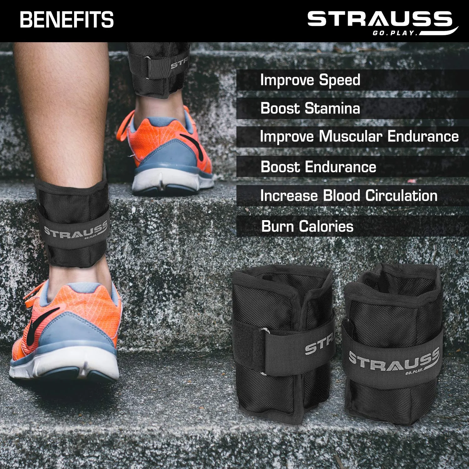 Adjustable Strauss Ankle/Wrist Weights - Set of 2 Weights at 0.5 KG Each | Ideal for Walking, Running, Jogging, Cycling, Gym, Workouts, and Strength Training | Easy to Use on Ankles, Wrists, and Legs | Black
