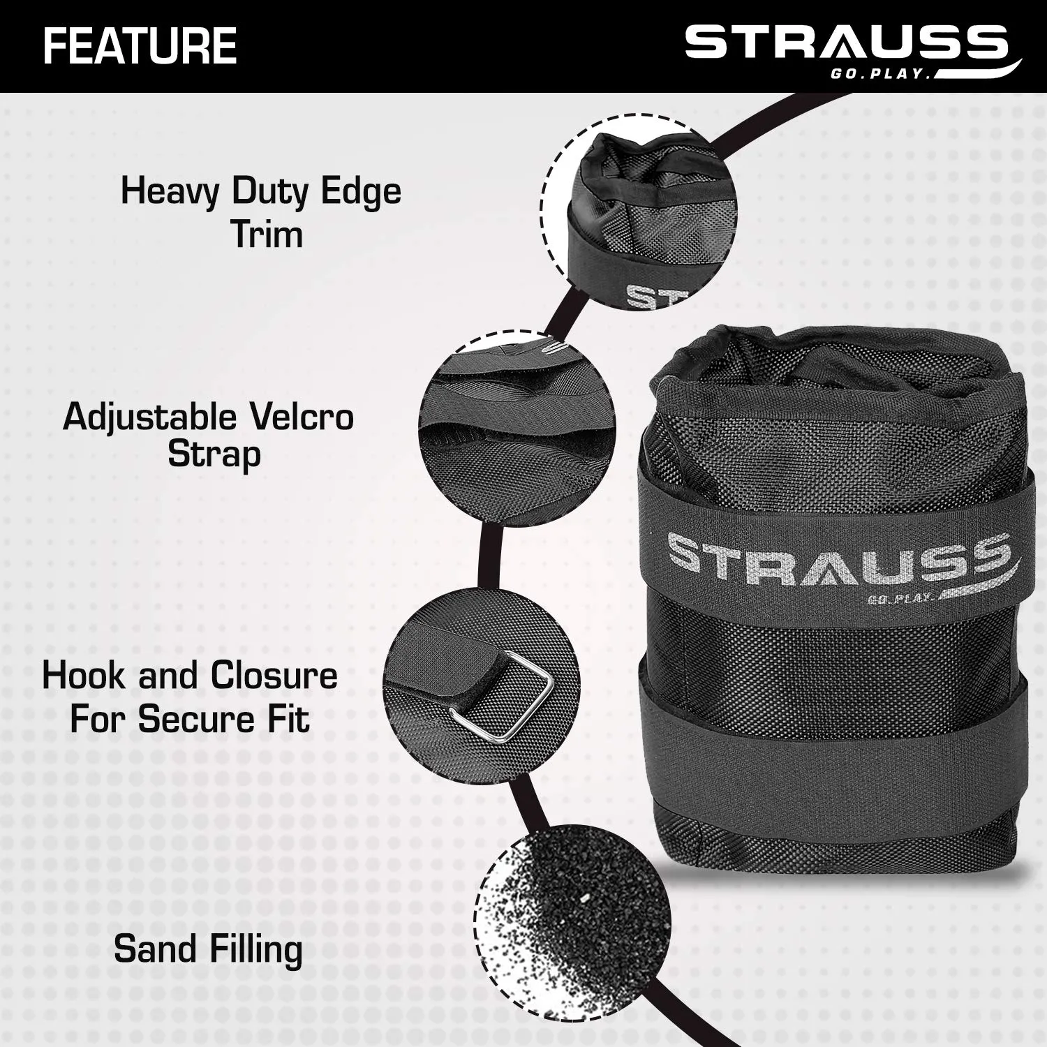 Strauss Adjustable Ankle/Wrist Weights 2 KG X 2 | Ideal for Walking, Running, Jogging, Cycling, Gym, Workout & Strength Training | Easy to Use on Ankle, Wrist, Leg, (Black)
