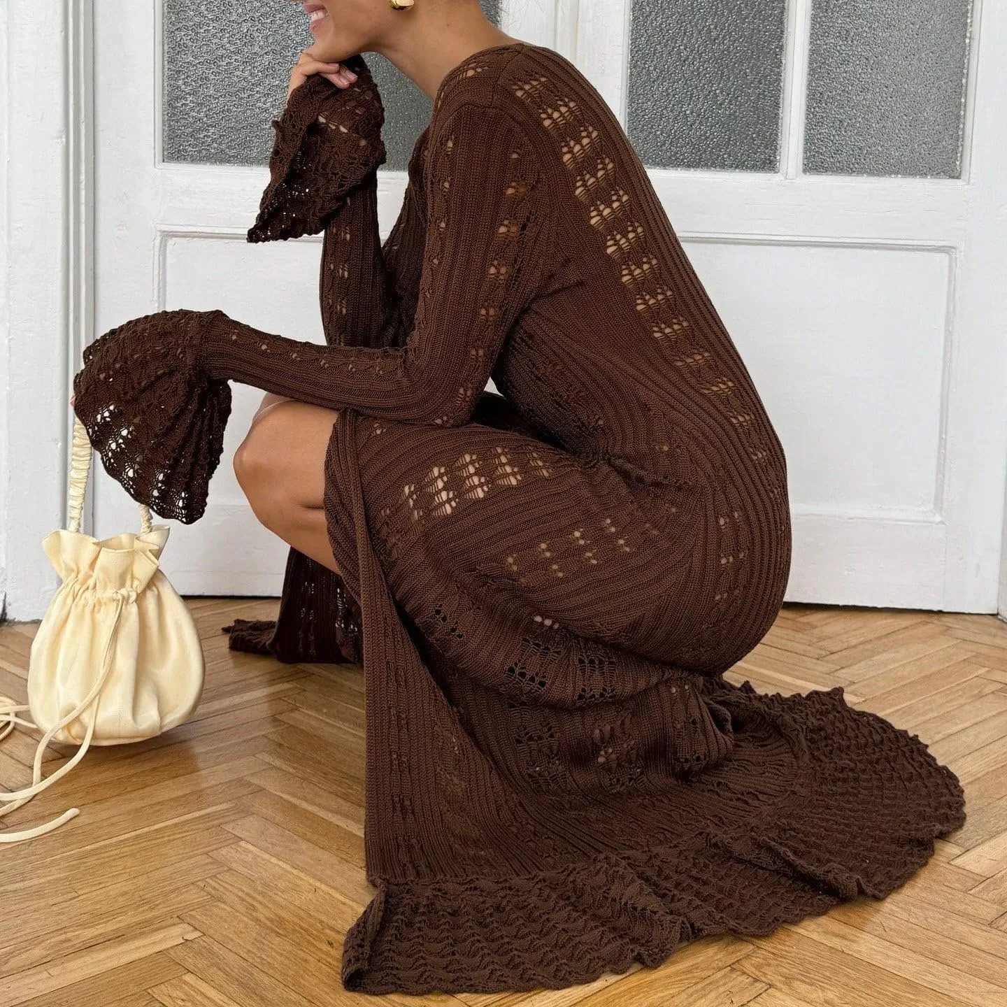 Women Elegant Crochet Knit Maxi Dress Button Down Hollow Out Cover Up Vacation Long Dress