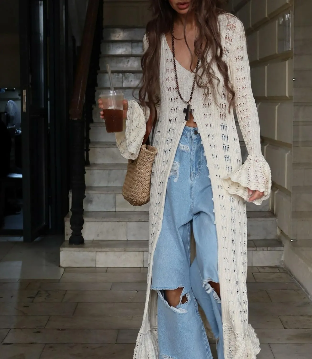 Women Elegant Crochet Knit Maxi Dress Button Down Hollow Out Cover Up Vacation Long Dress