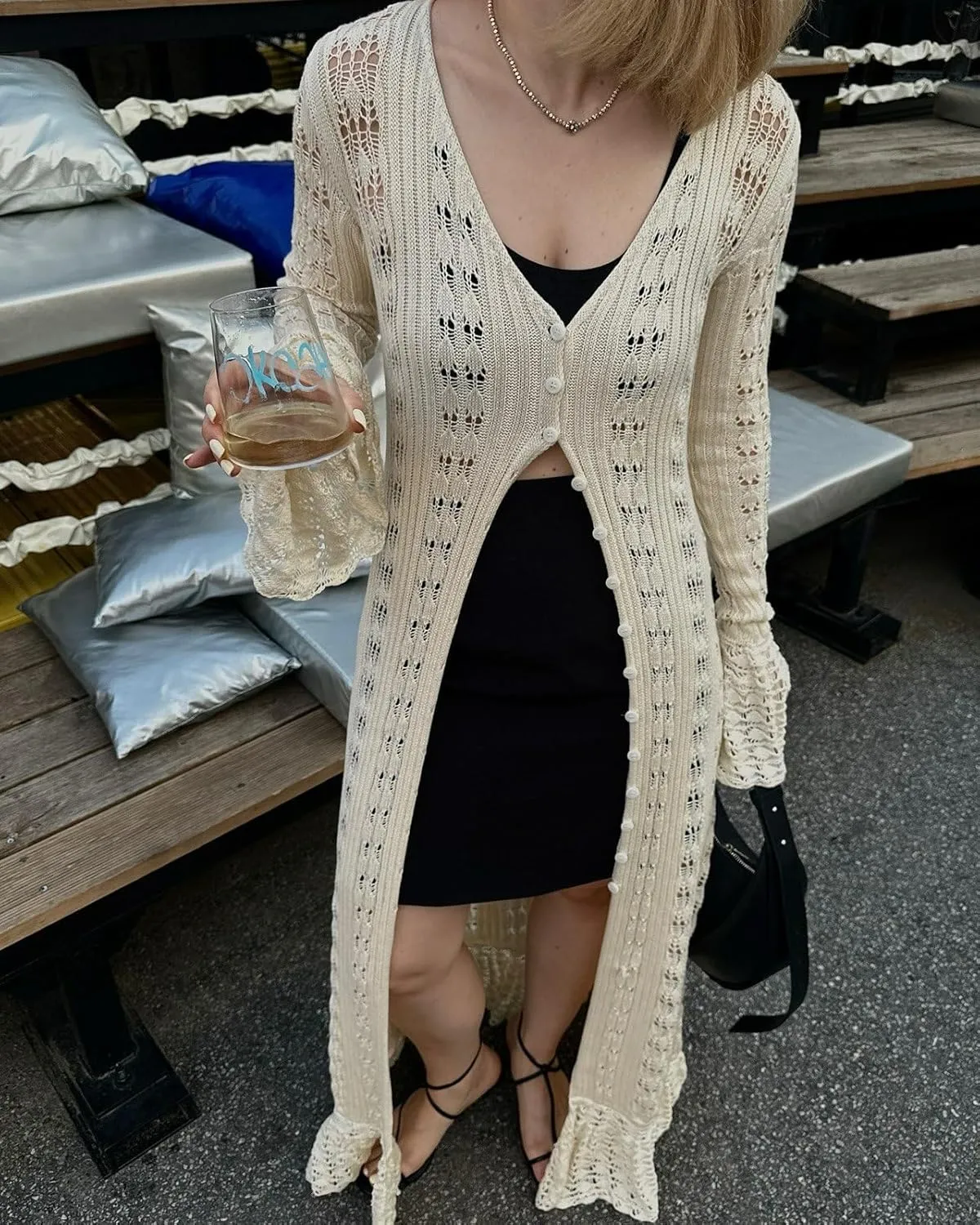 Women Elegant Crochet Knit Maxi Dress Button Down Hollow Out Cover Up Vacation Long Dress