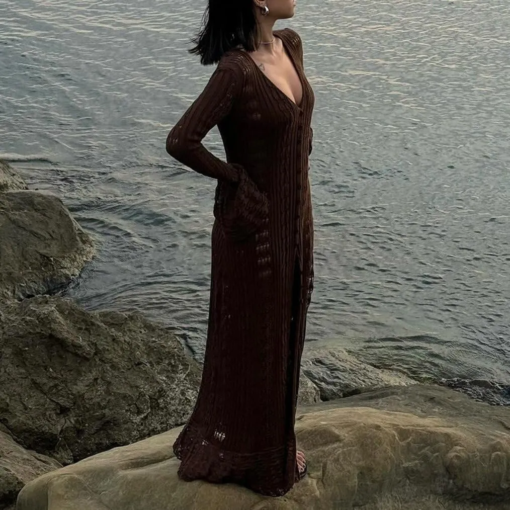 Women Elegant Crochet Knit Maxi Dress Button Down Hollow Out Cover Up Vacation Long Dress