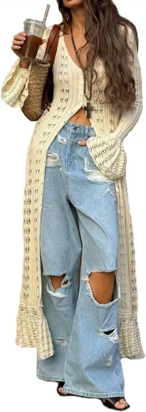 Women Elegant Crochet Knit Maxi Dress Button Down Hollow Out Cover Up Vacation Long Dress