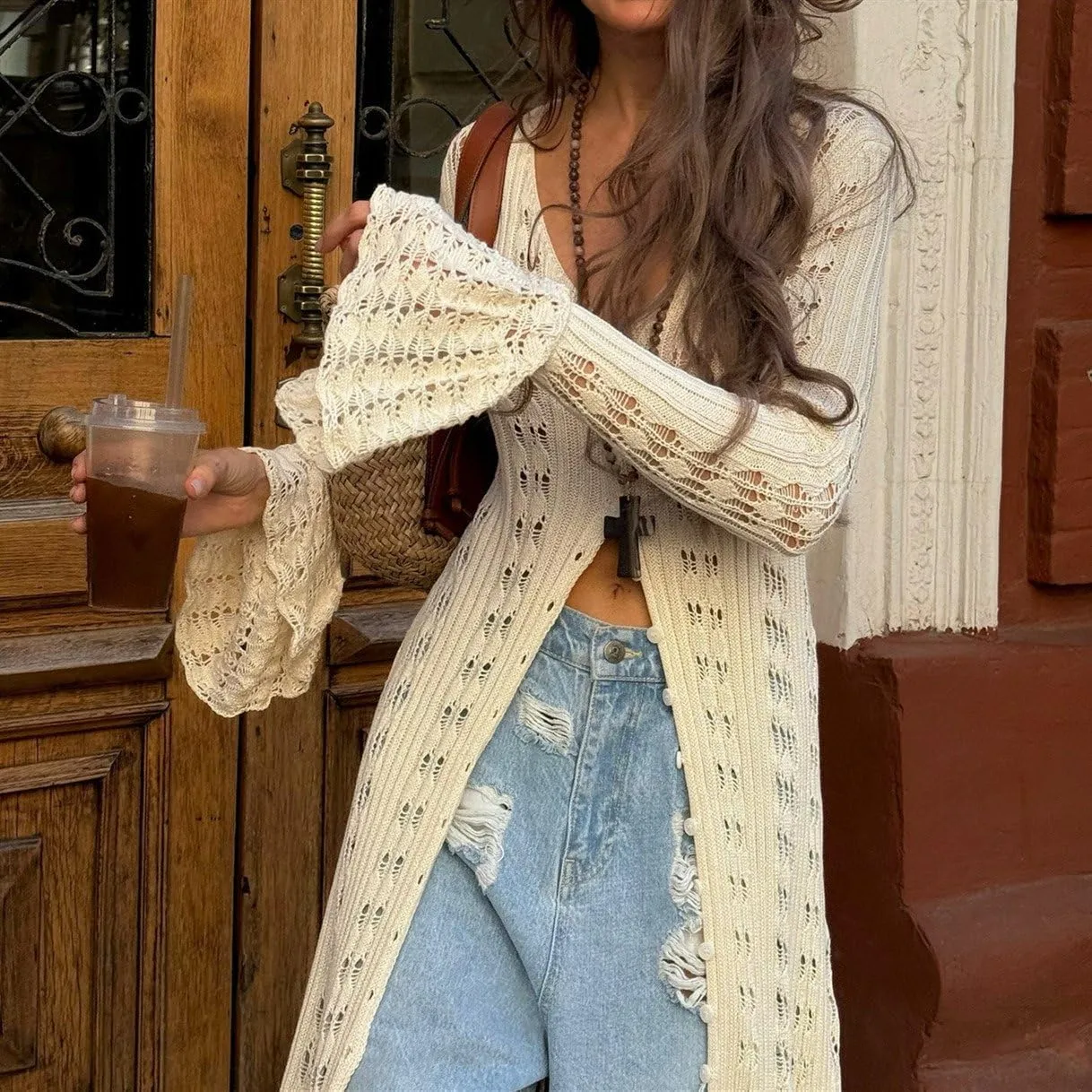 Women Elegant Crochet Knit Maxi Dress Button Down Hollow Out Cover Up Vacation Long Dress