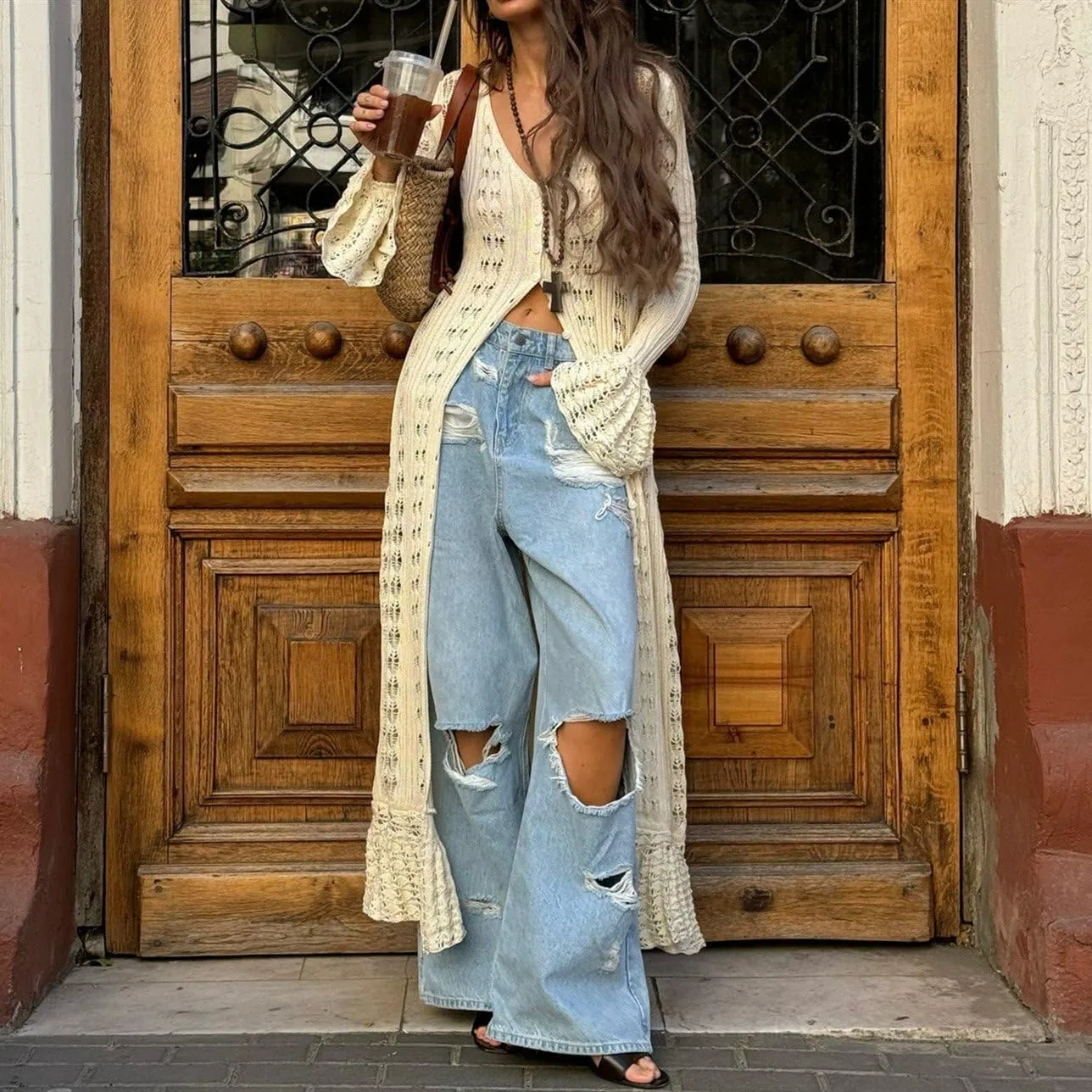 Women Elegant Crochet Knit Maxi Dress Button Down Hollow Out Cover Up Vacation Long Dress