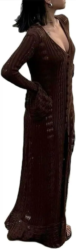 Women Elegant Crochet Knit Maxi Dress Button Down Hollow Out Cover Up Vacation Long Dress