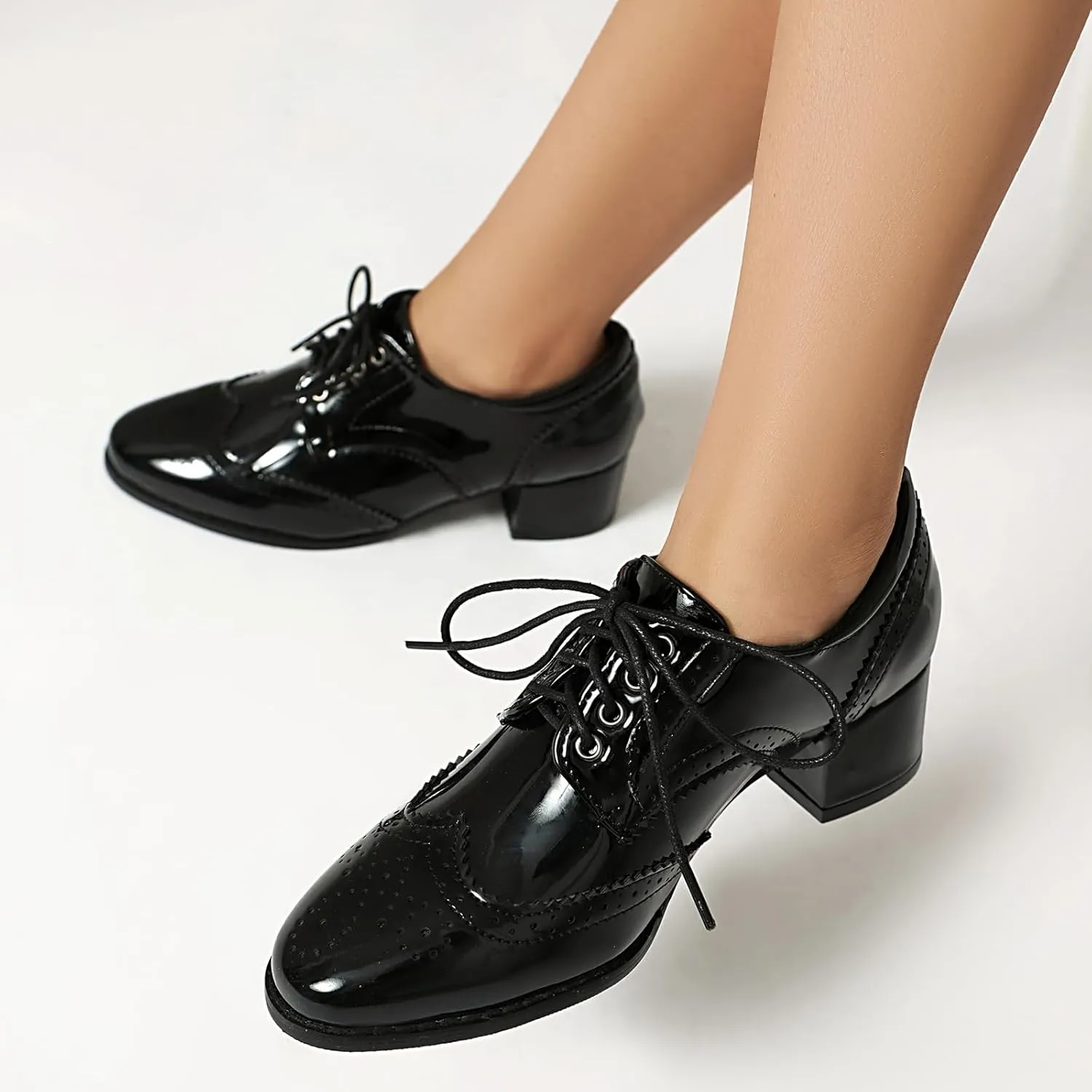 Women's Black Classic Leather Stacked Heel Dress Mary Jane Round Toe Elegant Office Pumps
