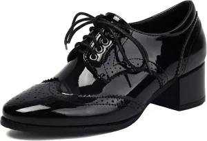 Women's Black Classic Leather Stacked Heel Dress Mary Jane Round Toe Elegant Office Pumps