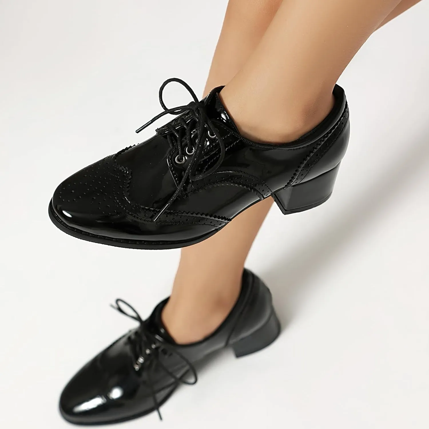 Women's Black Classic Leather Stacked Heel Dress Mary Jane Round Toe Elegant Office Pumps