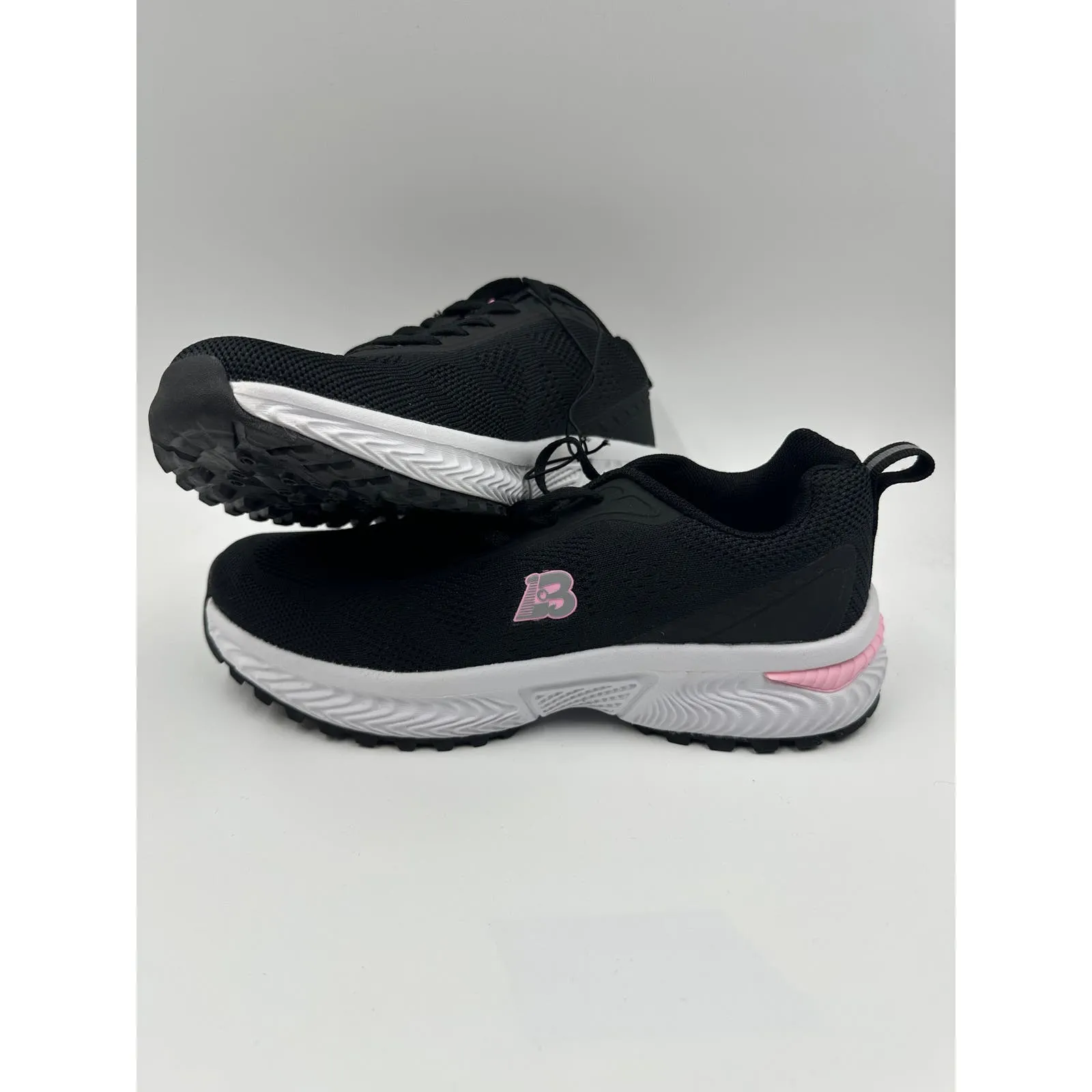 Women's Size 7, Black Knit Running Sneakers with Pink Accents and White Soles