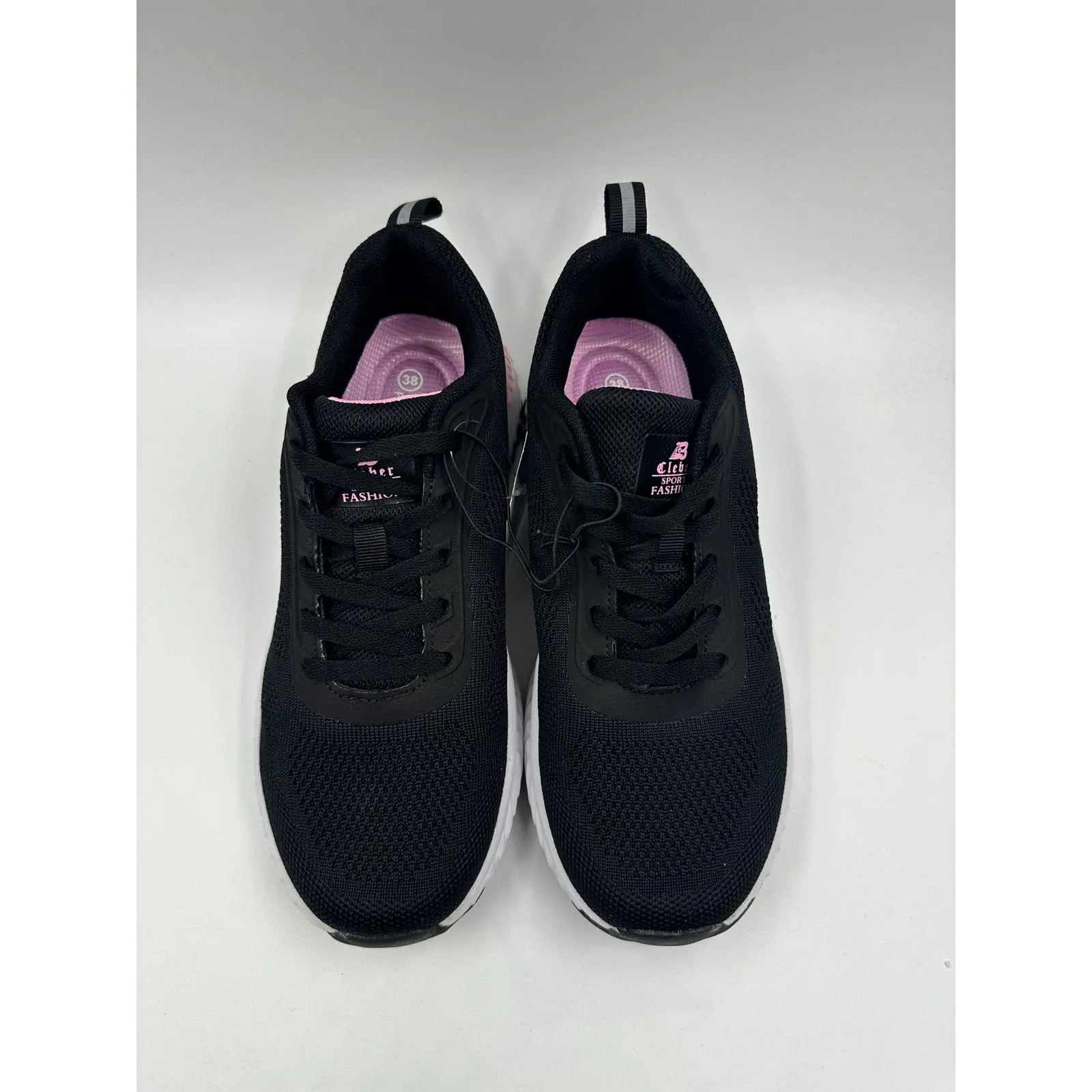 Women's Size 7, Black Knit Running Sneakers with Pink Accents and White Soles